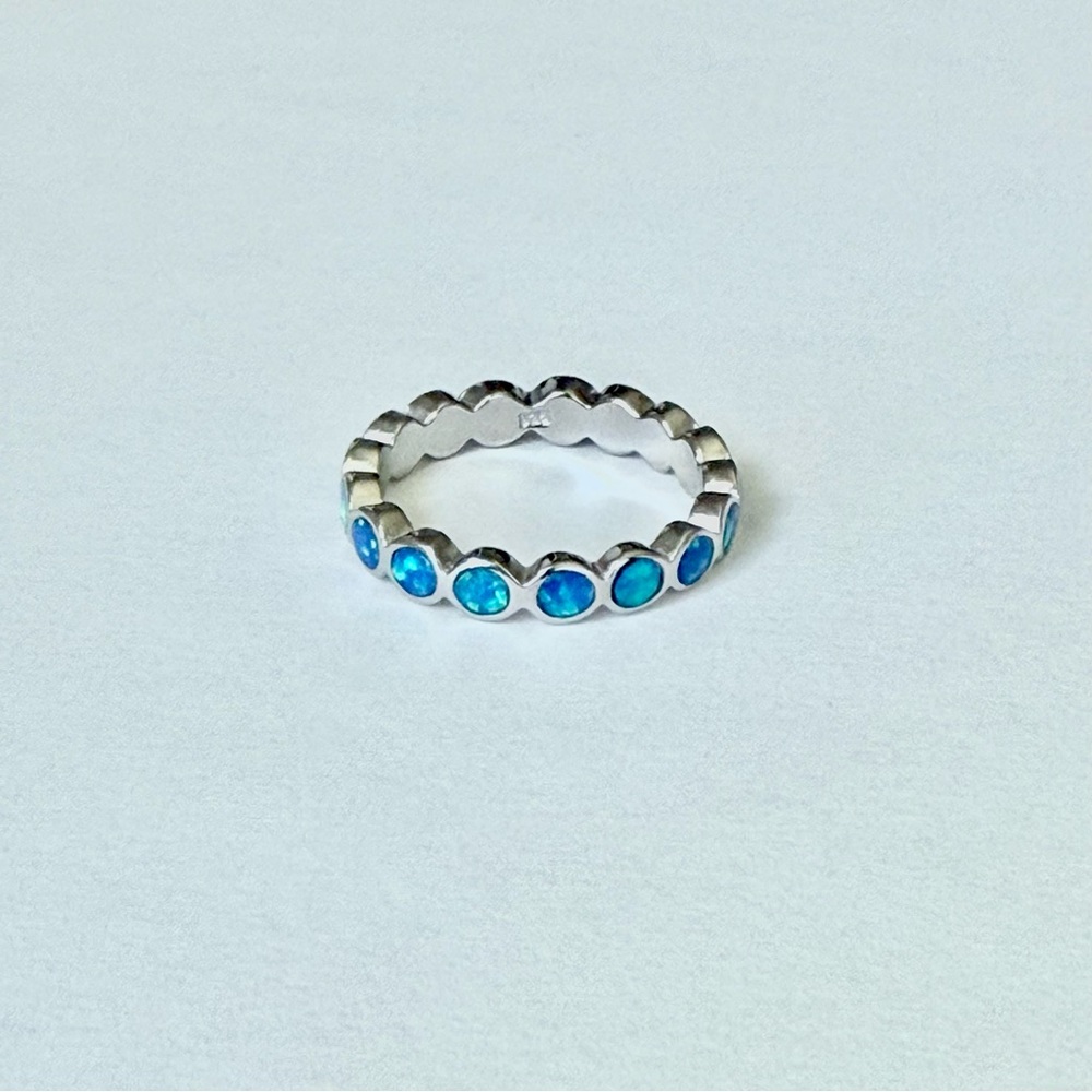 Sterling Silver Eternity Blue Lab Opal Band Ring, Wedding Bands, Silver Rings,